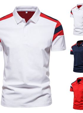 外贸欧码跨境夏季男士时尚红色块短袖翻领T恤POLO衫Men's T s