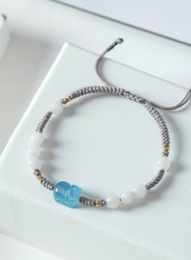 巴度天然和田白玉男女情侣款手串编织编绳手饰海蓝宝貔貅闺蜜手链