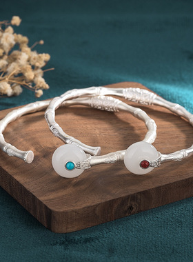 网红直播供货中国风配饰古法银工艺竹节平安扣仿和田玉手镯手环女