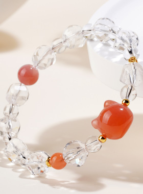 涵杰天然白水晶盐源玛瑙猫头手链草莓晶猫爪新中式国潮文创女手串