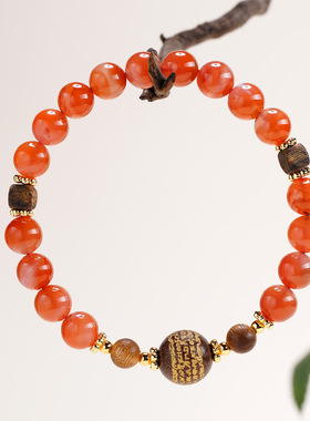 天然南红玛瑙沉香合香珠五条经文手链国潮文创女新款佛珠手串