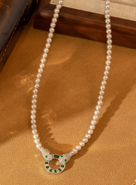 艾妮贝妮蛇年爆款镶钻绿锆浅紫色珍珠灵蛇项链轻奢气质锁骨链