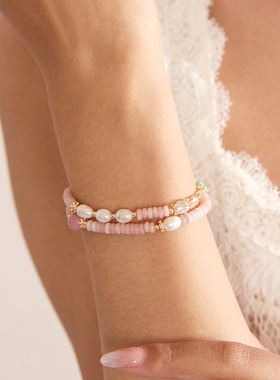 浅粉星芒粉水晶珍珠手链