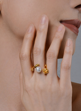 Manreya玛芮雅戒指玫瑰馥语珍珠指环女可调节情人节礼物送女友