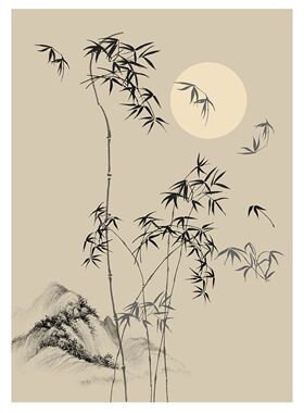 宋代美学中国风复古艺术水墨竹子圆月装饰卧室客厅书房自粘贴画