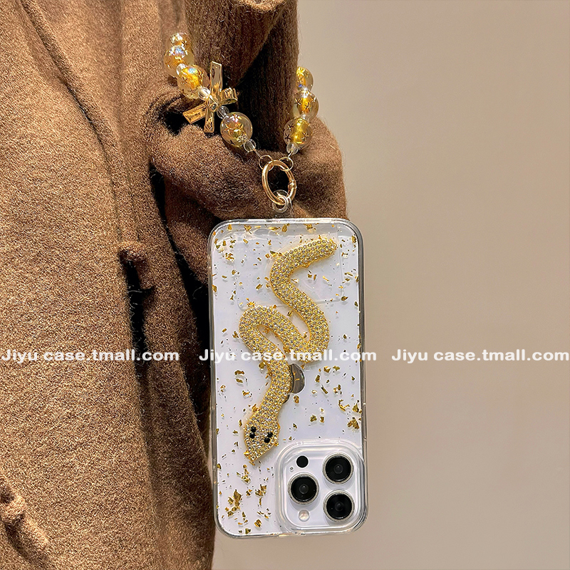 国潮滴胶金箔蛇年新款适用苹果16promax手机壳iPhone15透明14pro带链条13超火16pro小众女15promax创意12全包