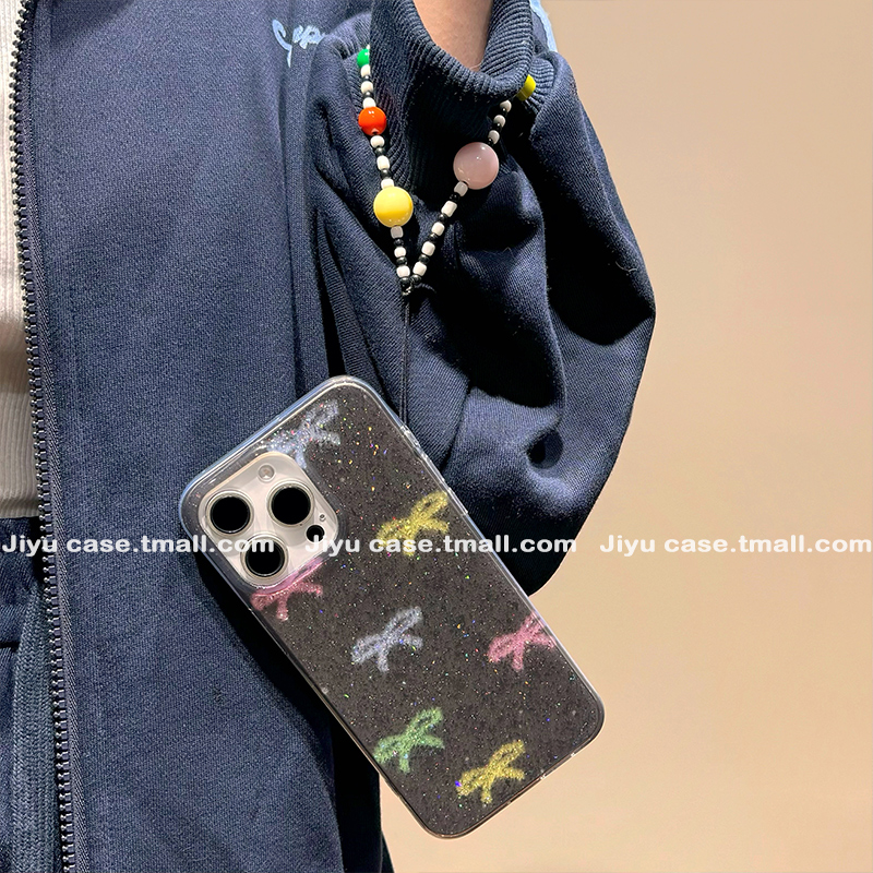 韩系ins闪粉彩色蝴蝶结适用苹果16promax手机壳iPhone15蛇年新款14pro带链条13少女16pro超火15pro小众12全包