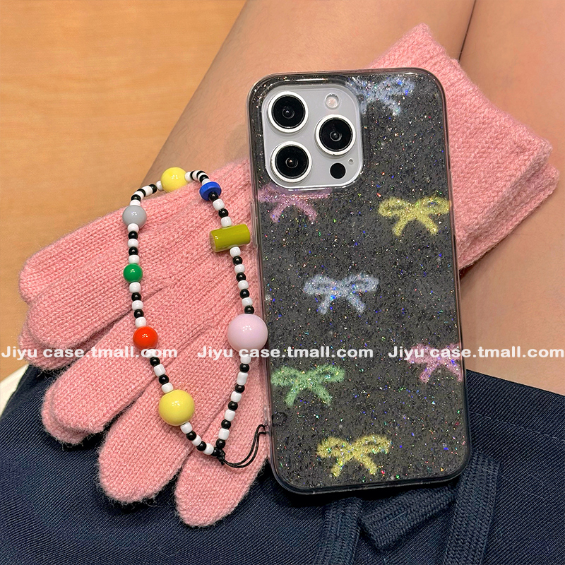 韩系ins闪粉彩色蝴蝶结适用苹果16promax手机壳iPhone15蛇年新款14pro带链条13少女16pro超火15pro小众12全包