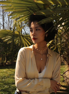 法国巴黎设计师原创小众天然珍珠流苏圆片可调叠戴锁骨链项链