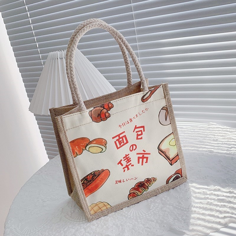 中国风手提包简约麻布包女潮流卡通文艺手拎零食袋小饭盒便当包 - 图2