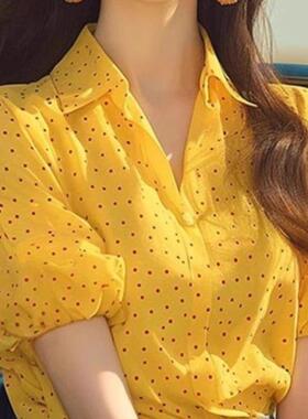 韩国时尚超级好看的黄色圆点Polo领短袖衬衫的妇女夏季风格独特的