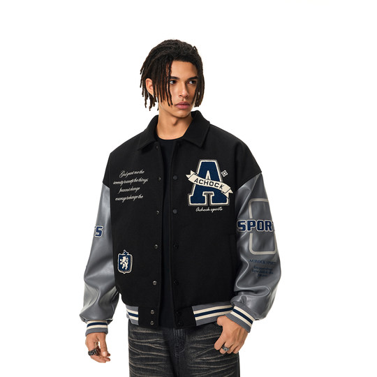 Lapel embroidered baseball uniform jacket spring new retro couple stand collar jacket trend