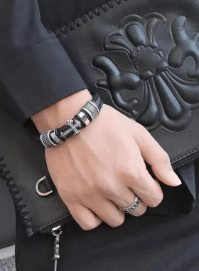 欧美黑武士男士皮手绳潮人朋克重金属十字编织高级时尚个性手链