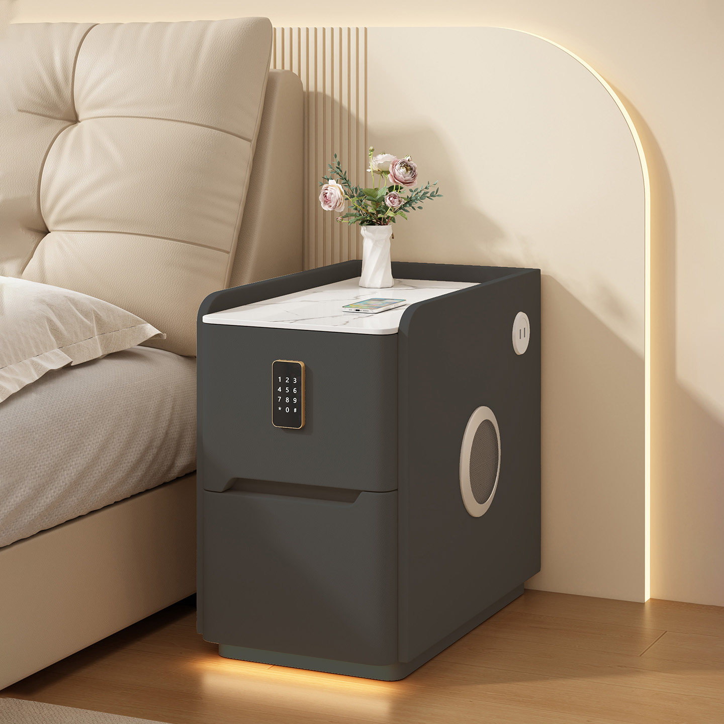 极窄智能床头柜轻奢高级实木带锁家用卧室小型现代简约落地储物柜,淘宝优惠券,粉丝福利购,淘宝优惠卷