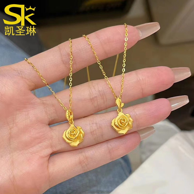 5G黄金玫瑰花项链女款999足金玫瑰花一体链套链新款锁骨链送女友-图1