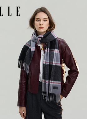 ELLE100%绵羊毛围巾女款秋冬季保暖格子披肩围脖红色送礼礼盒装