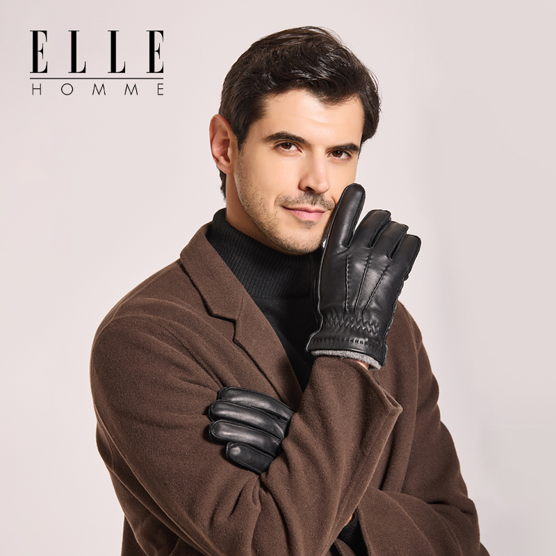 ELLE HOMME羊皮手套男士秋冬季羊毛羊绒保暖防风骑行开车送礼礼盒 - 图1