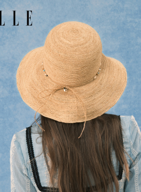 ELLE拉菲草帽女士夏季时尚法式海边田园风珠链勾边大帽檐遮阳帽子