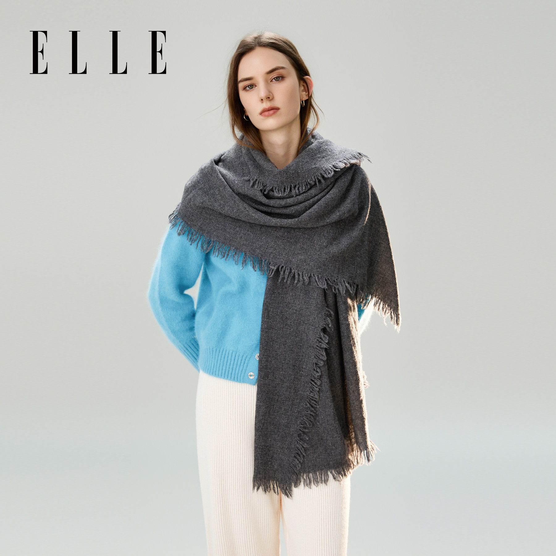 ELLE100%绵羊毛刺绣围巾女士秋冬户外保暖时尚百搭大尺寸披肩护肩,淘宝优惠券,粉丝福利购,淘宝优惠卷