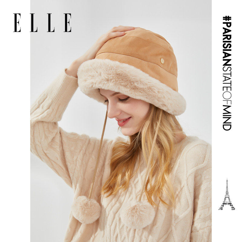 【所有女生的衣橱直播间】ELLE毛绒盆帽女冬加绒护耳保暖套头帽子,淘宝优惠券,粉丝福利购,淘宝优惠卷