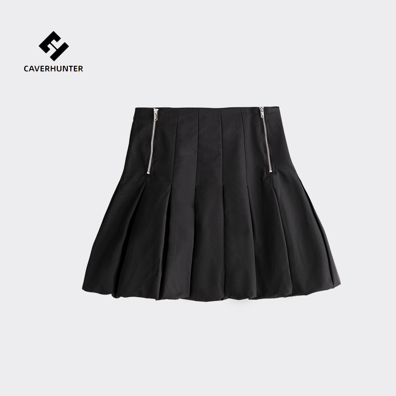 Caver&Hunter 新款设计感黑色花苞半身裙褶皱高腰a字灯笼蓬蓬短裙
