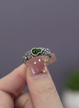S925银和田玉葫芦戒指手工镶嵌