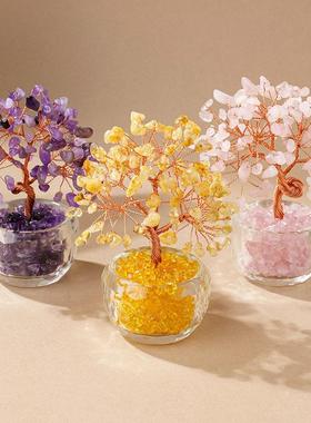 天然水晶树摆件黄水晶发财树琉璃底座聚宝盆家居办公室招财装饰