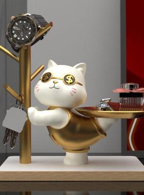 招财猫玄关钥匙收纳摆件入户家居客厅托盘装饰品搬家乔迁新居礼物