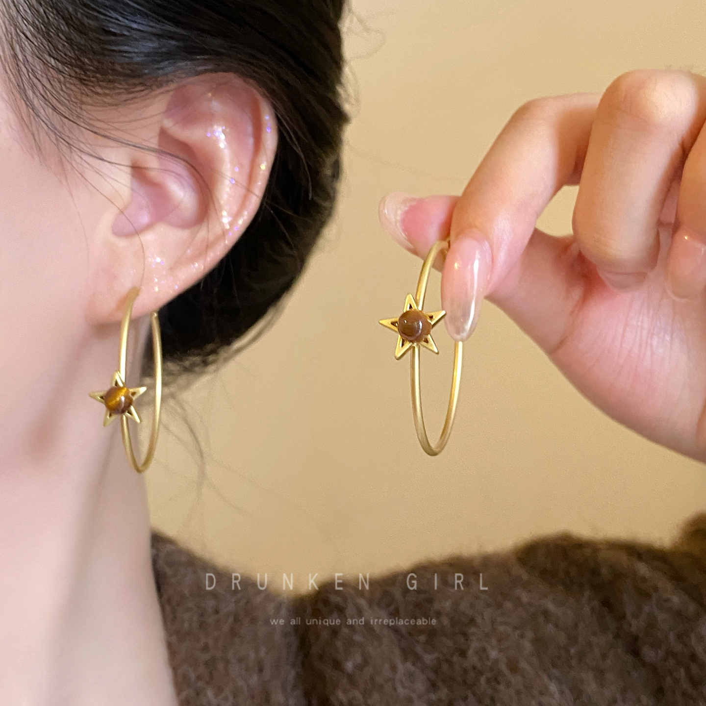 虎眼石星星爱心耳圈女轻奢高级感夸张耳环2025新款小众设计耳饰品 - 图1