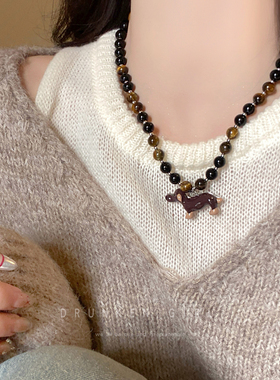 美拉德虎眼石腊肠狗项链女轻奢