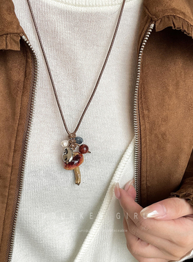 天然蘑菇串珠吊坠项链女