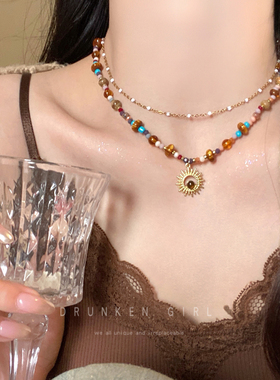 早秋搭配~美拉德太阳花串珠项链