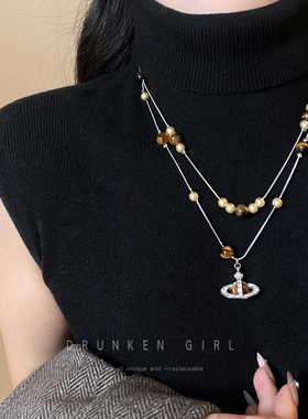 美拉德虎眼石叠戴毛衣项链