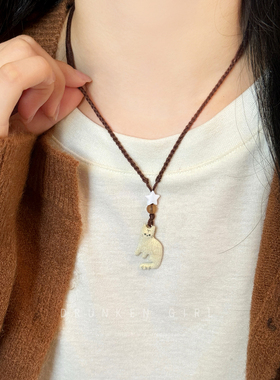 植绒小猫吊坠编织绳项链女