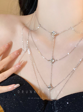 纯欲辣妹爆闪锆石流苏胸链女