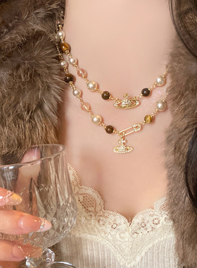 虎眼石西太后土星珍珠项链女