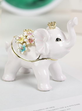 东南亚景区纪念品珐琅彩白色花朵大象装饰盒创意卡通小饰品收纳盒
