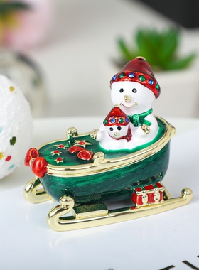 珐琅彩工艺品雪人雪撬首饰盒合金装饰品小摆件圣诞礼品