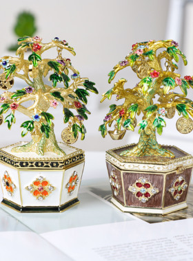 广东厂家金属工艺品摆件珐琅彩摇钱树装饰盒创意桌面风水摆件