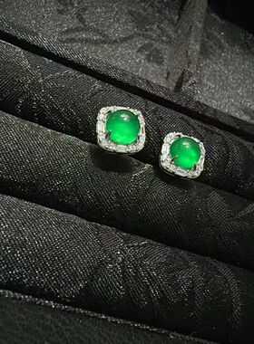 monocle落雨出桃气质新中式冰种绿玉髓白玛瑙锆石镶嵌小方糖耳钉
