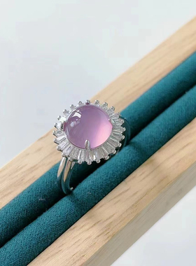 monocle 镀银镶嵌冰种粉紫色玉髓戒指紫罗兰玛瑙玉石女戒饰品直播