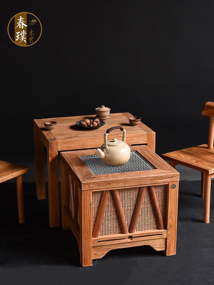 老榆木煮茶围炉桌实木小茶桌日式火钵碳炉茶台原木茶几简约火锅桌