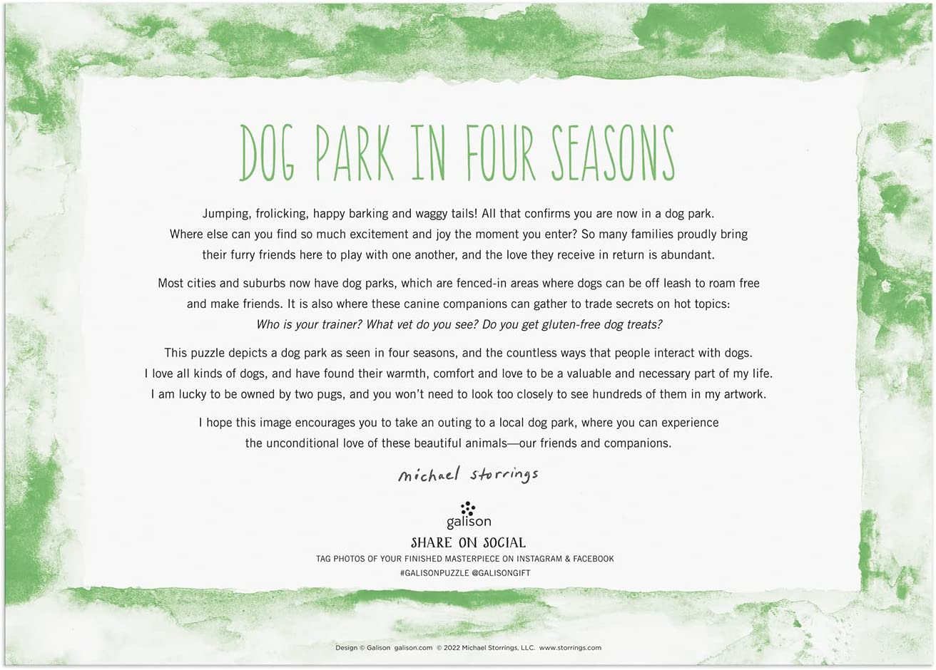 现货 Galison迈克尔斯托林斯《狗狗公园的四季》进口木质拼图 250片 Michael Storrings Dog Park in Four Seasons Wood Puzzle-图1