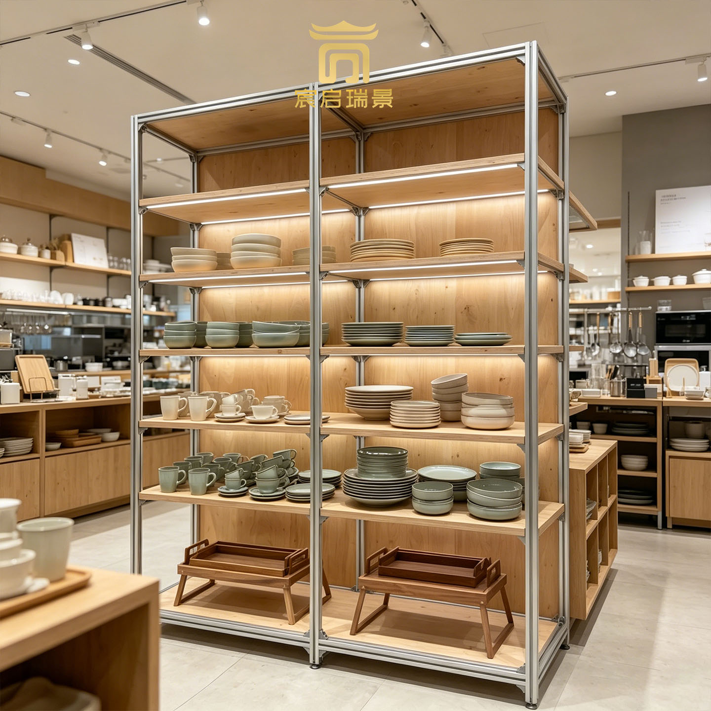 Log aluminum profile tableware island display cabinet ceramic ware tea set home store floor display shelf