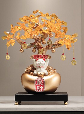 发财树摇钱树招财猫进宝新摆件办公室大气聚财装饰招财猫客厅摆件