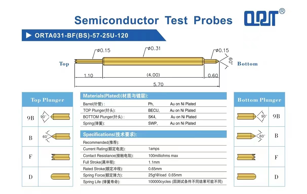 探针半导体双头针031BF038BB信号针测试针弹簧针镀金针高频信号针-图0