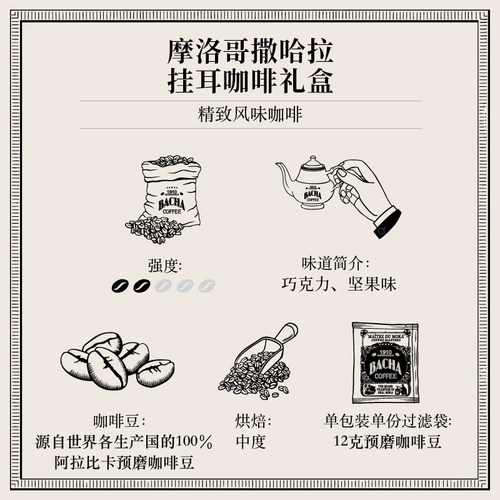 Bacha Coffee | 夿萐咖啡摩洛哥撒哈拉挂耳咖啡礼盒12g*12袋/盒 - 图2