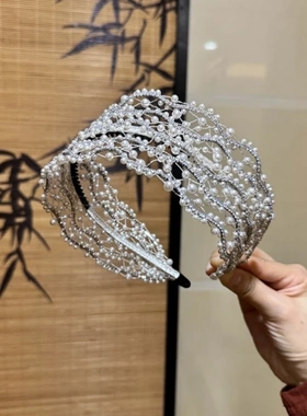 莫奈轻奢复古渐变色水贝珠串珠编织宽边头箍复古时尚百搭发饰