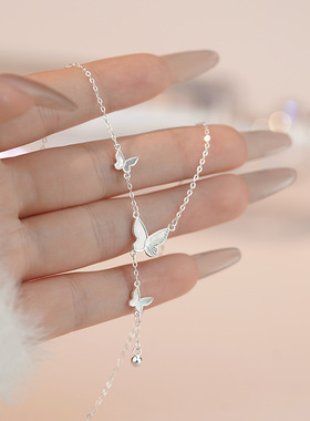 S999足银镭射蝴蝶流苏项链