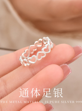 足银S999镂空爱心戒指女